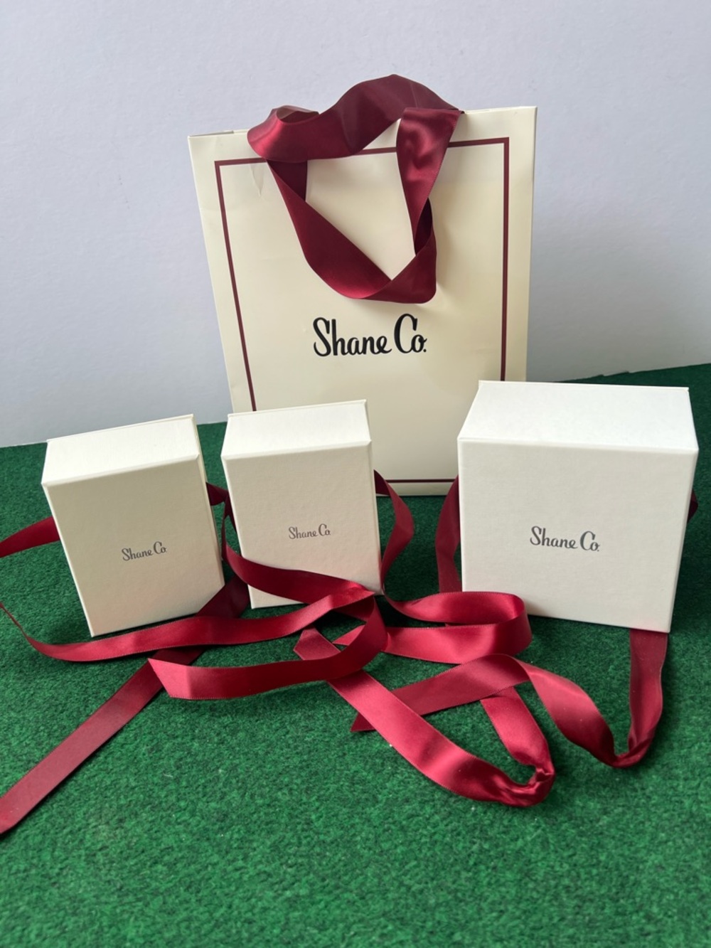 White Jewelry Gift Boxes with Burgundy Ribbon